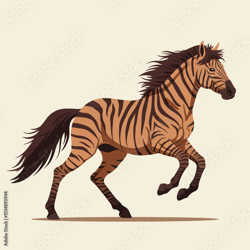 Zebra Running Freely with Black Stripes on Tan Background Illustration