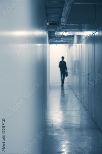 Wallpaper Mural A narrow passage with industrial flooring and minimal lighting A worker with a laptop bag walks past storage cabinets Torontodigital.ca