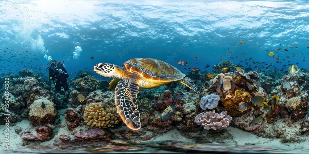 Obraz premium A diver exploring a lively coral reef, surrounded by sea turtles and schools of fish