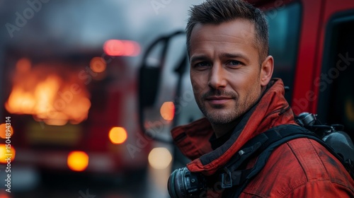 Portrait of a confident young Caucasian firefighter in protective uniform with a fire truck in the background, copy space, fire rescue service concept