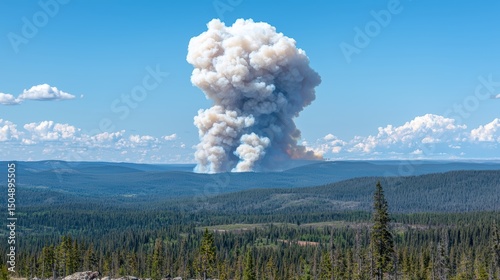 Smoke billowing over a forest landscape.