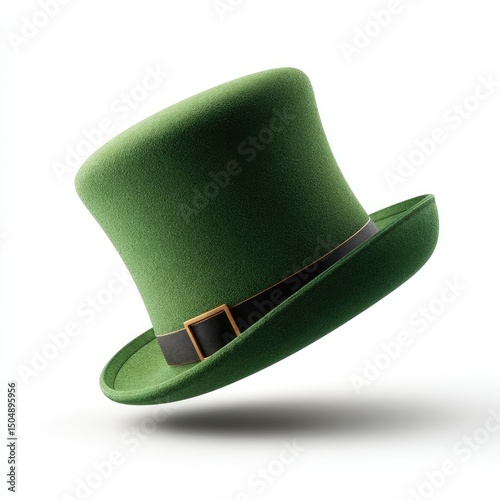 A vibrant green top hat with a black band and gold buckle, subtly angled against a stark white background, casts a soft shadow