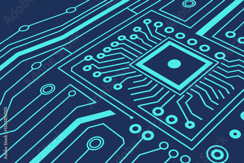 Glowing blue abstract technology vector with digital circuit design. Includes center-aligned space for ad headlines or business content.

