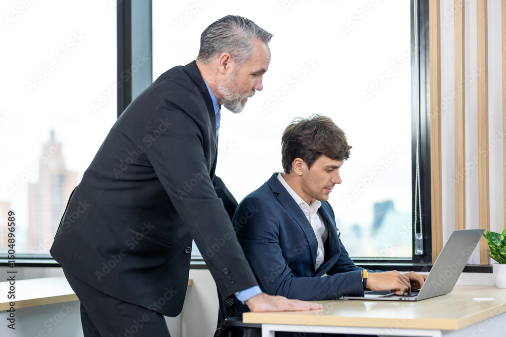 Obraz premium Leadership, business man boss and corporate director working with vision, success and motivation in company office. Portrait of senior executive ceo, happy professional entrepreneur and smile manager