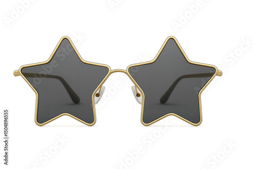Gold star-shaped sunglasses gleaming against transparent backdrop, embodying trendy eyewear design with chic glamorous aesthetic