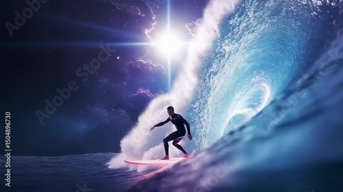 Surfer riding a wave in a vibrant cosmic ocean.