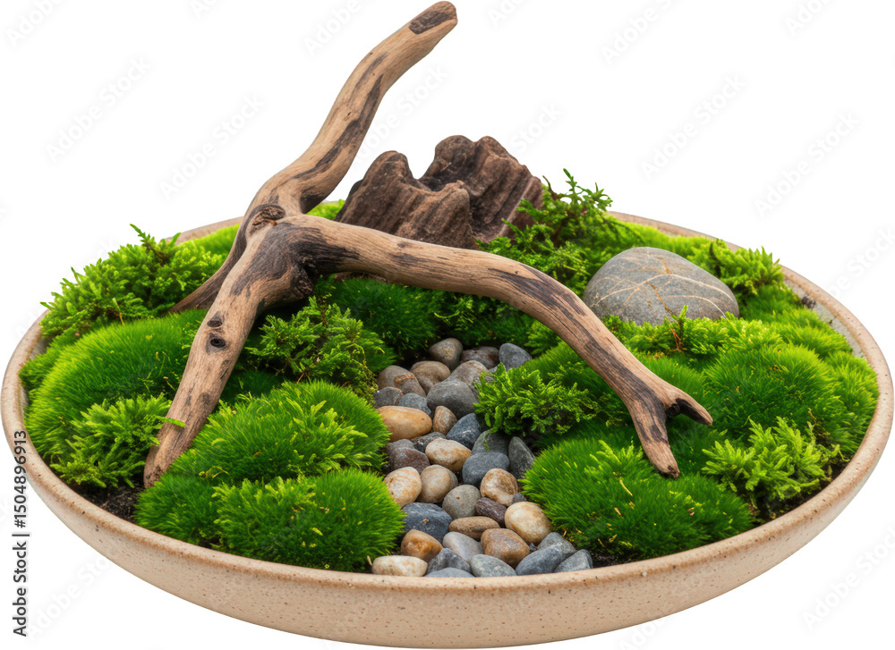 Fototapeta premium Serene Miniature Moss Garden Landscape with Driftwood and Stones