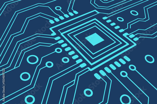 Technology blue background with digital circuit network in abstract layout. Glowing lines and central text area make it ideal for web ads and UI designs.

