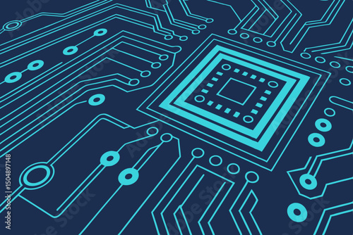 Futuristic circuit pattern in glowing blue with abstract tech vector layout. Includes centered text space for websites, advertising, or app screens.

