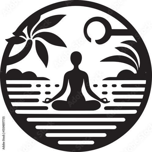 Yoga on the beach icon in black and white vector illustration..eps