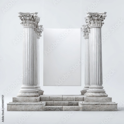 Two classical columns flanking a blank rectangular panel set on a tiered stone base against a minimalist white backdrop
