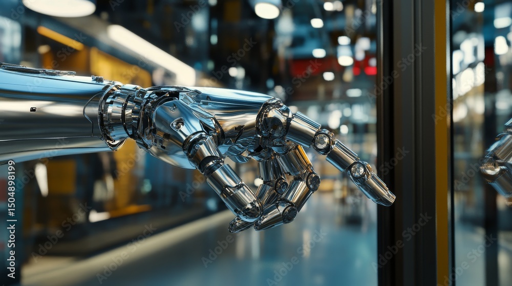 Fototapeta premium Detailed Close-up of Modern Robotic Hand Reaching Towards Glass