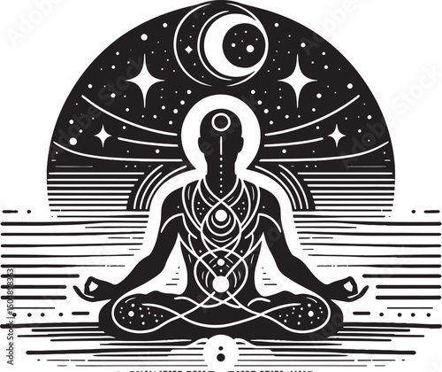 Yoga lotus pose. Silhouette of a man meditating in lotus position on the background of the moon and stars. Vector illustration..eps