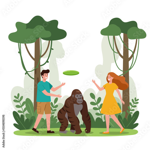 Playing Disc Game with Gorilla in Forest Animated Illustration
