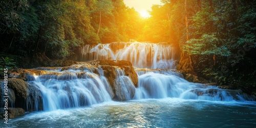 Fototapeta Naklejka Na Ścianę i Meble -  A dramatic waterfall tucked away in a deep rainforest, bathed in golden sunset light