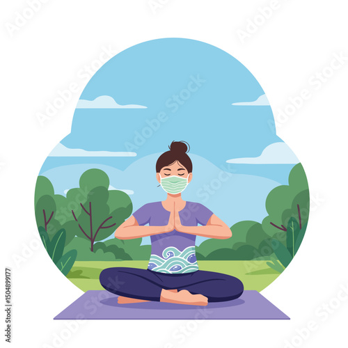 Woman Meditating in Park Wearing Mask for Health and Wellness
