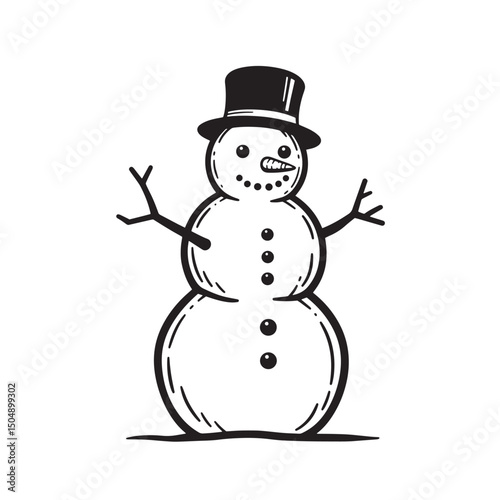 Black and white silhouette illustration of a cheerful snowman wearing a top hat perfect for winter holidays