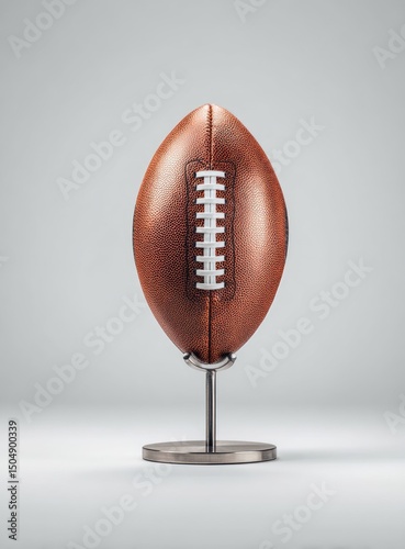 A brown leather American football displayed on a small, metallic stand against a neutral grey backdrop