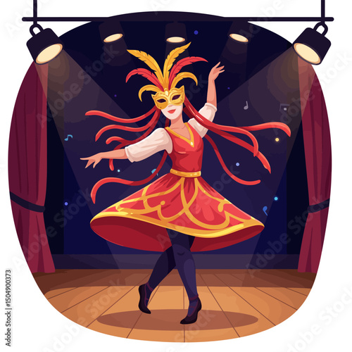 Woman with Mask Perform in Stage Costume Under Stage Lights