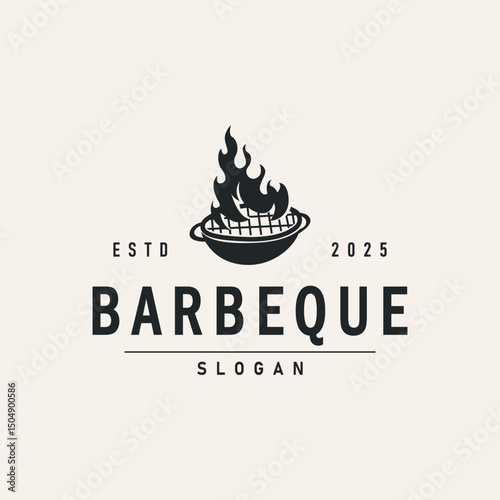 retro vintage concept logo design barbeque bbq grill with simple concept of meat grill, symbol template illustration with fire and spatula design for restaurant brand, bar, cafe, shop