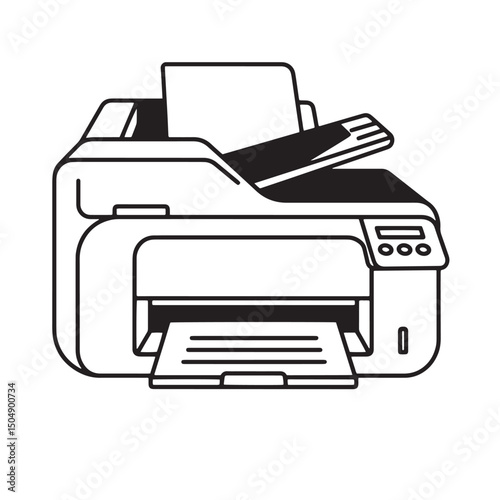 Black and white silhouette illustration of a modern office printer printing a document