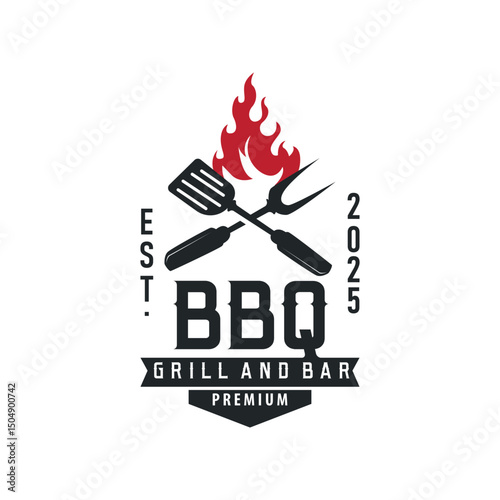 retro vintage concept logo design barbeque bbq grill with simple concept of meat grill, symbol template illustration with fire and spatula design for restaurant brand, bar, cafe, shop