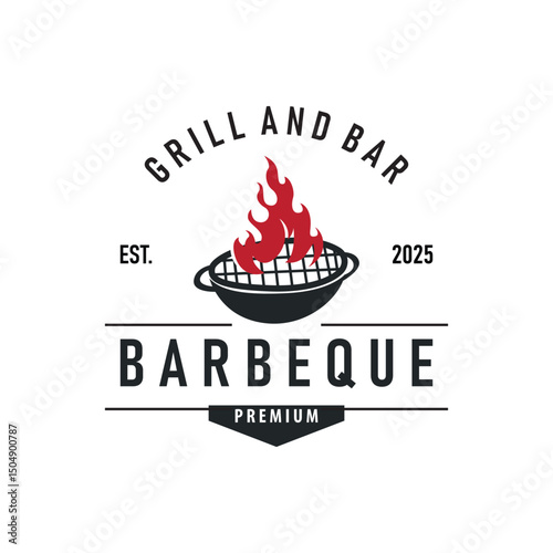 retro vintage concept logo design barbeque bbq grill with simple concept of meat grill, symbol template illustration with fire and spatula design for restaurant brand, bar, cafe, shop