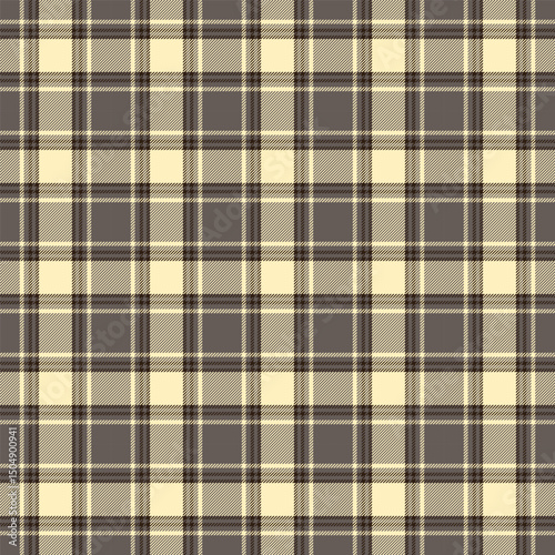 Classic plaid pattern with intersecting lines in dark brown, beige, cream, and mustard yellow tones, creating a warm and traditional textile design.