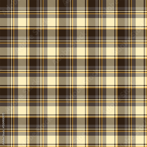 Classic plaid pattern with intersecting lines in dark brown, beige, cream, and mustard yellow tones, creating a warm and traditional textile design.