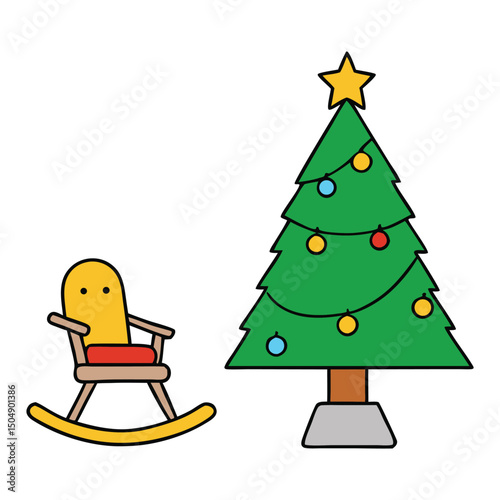 A cozy Christmas scene with a beautifully decorated tree glowing warmly beside a classic wooden rocking chair, inviting festive moments and holiday comfort.
