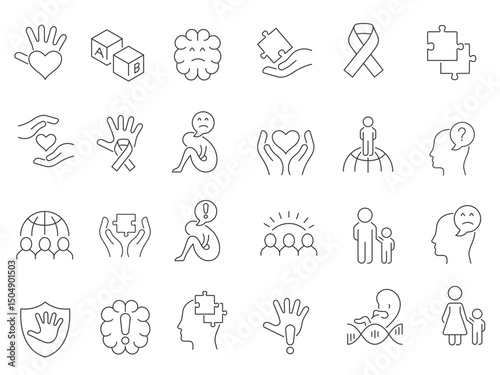  Set vector line thin icons of autism awareness day in linear design for mobile concepts and web apps. Collection modern infographic pictogram and signs