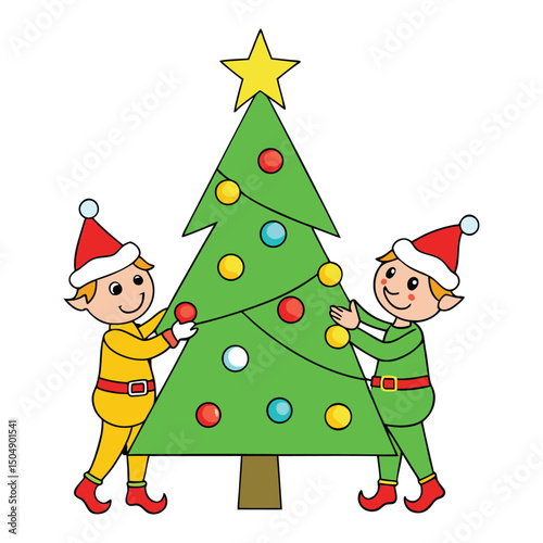 Elves joyfully decorate a Christmas tree, hanging sparkling ornaments and twinkling lights, filling the room with festive cheer and holiday magic.