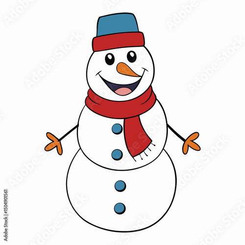 A happy, jolly snowman with a big smile, carrot nose, and twinkling eyes, wearing a top hat and scarf, spreading winter cheer to everyone he meets.
