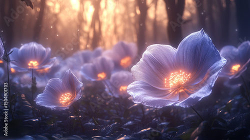 Ethereal glowing flowers in a magical forest, bathed in soft sunlight and sparkle.