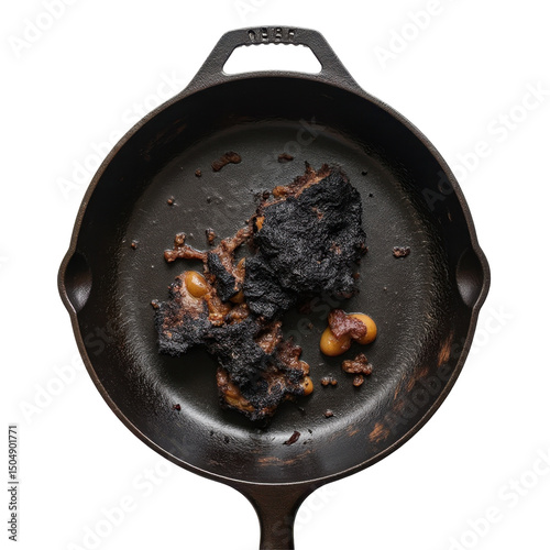 Close-up of charred cast iron skillet texture in a professional kitchen environment