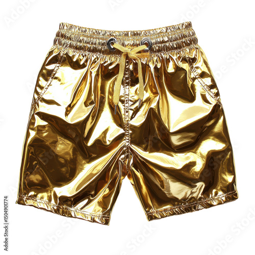 Shiny golden swim shorts beachwear store product image indoor close-up fashion style