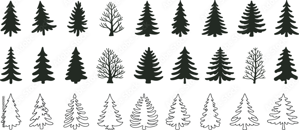 Fototapeta premium Christmas pine tree silhouette and outline vector collection for holiday decorations winter themes and natural design illustrations& Illustration