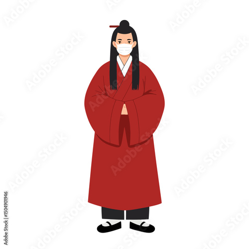 Person Wearing Mask in Traditional Clothing Standing with Hands Folded