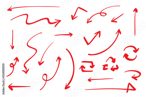 ベクターのペンの手書きの矢印セット 赤