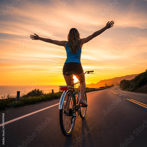 A woman rides a bicycle into a vibrant sunset, arms outstretched, symbolizing freedom and joy on the open road