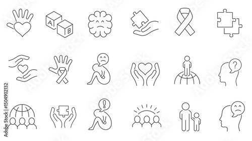  Set vector line thin icons of autism awareness day in linear design for mobile concepts and web apps. Collection modern infographic pictogram and signs