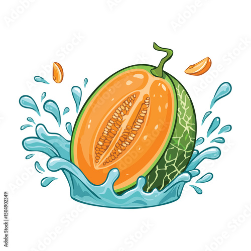 Cantaloupe splash Colorful Vector in Adorable Comic Style with Expressive Lines.