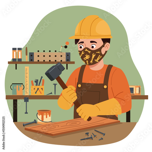 Carpenter Hammering Nail Into Wood Plank Wearing Protective Face Mask