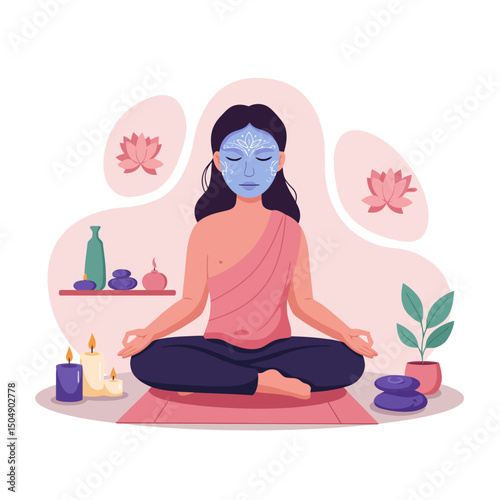 Woman Meditating with Face Mask in Spa Setting for Relaxation