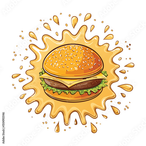 Hamburger Bun splash Colorful Vector in Adorable Comic Style with Expressive Lines..