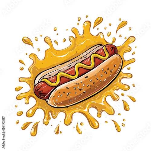Hot Dog Bun splash Colorful Vector in Adorable Comic Style with Expressive Lines..