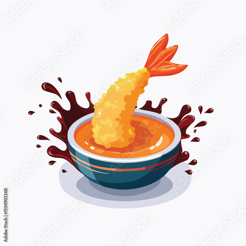Shrimp Tempura with Sauce Splash creative isometric illustration with layered dimension and depth cues.