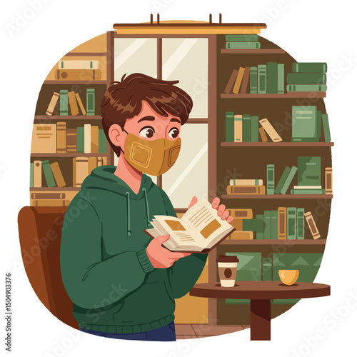Person Reading Book at Library with Face Mask and Coffee