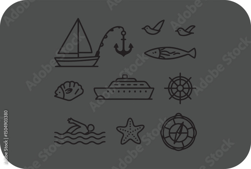 Nautical icons set sailing boat cruise ship anchor fish birds seashell starfish compass ships wheel swimmer