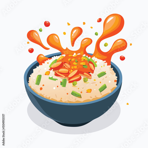 Kimchi Fried Rice with Sauce Splash creative isometric illustration with layered dimension and depth cues.